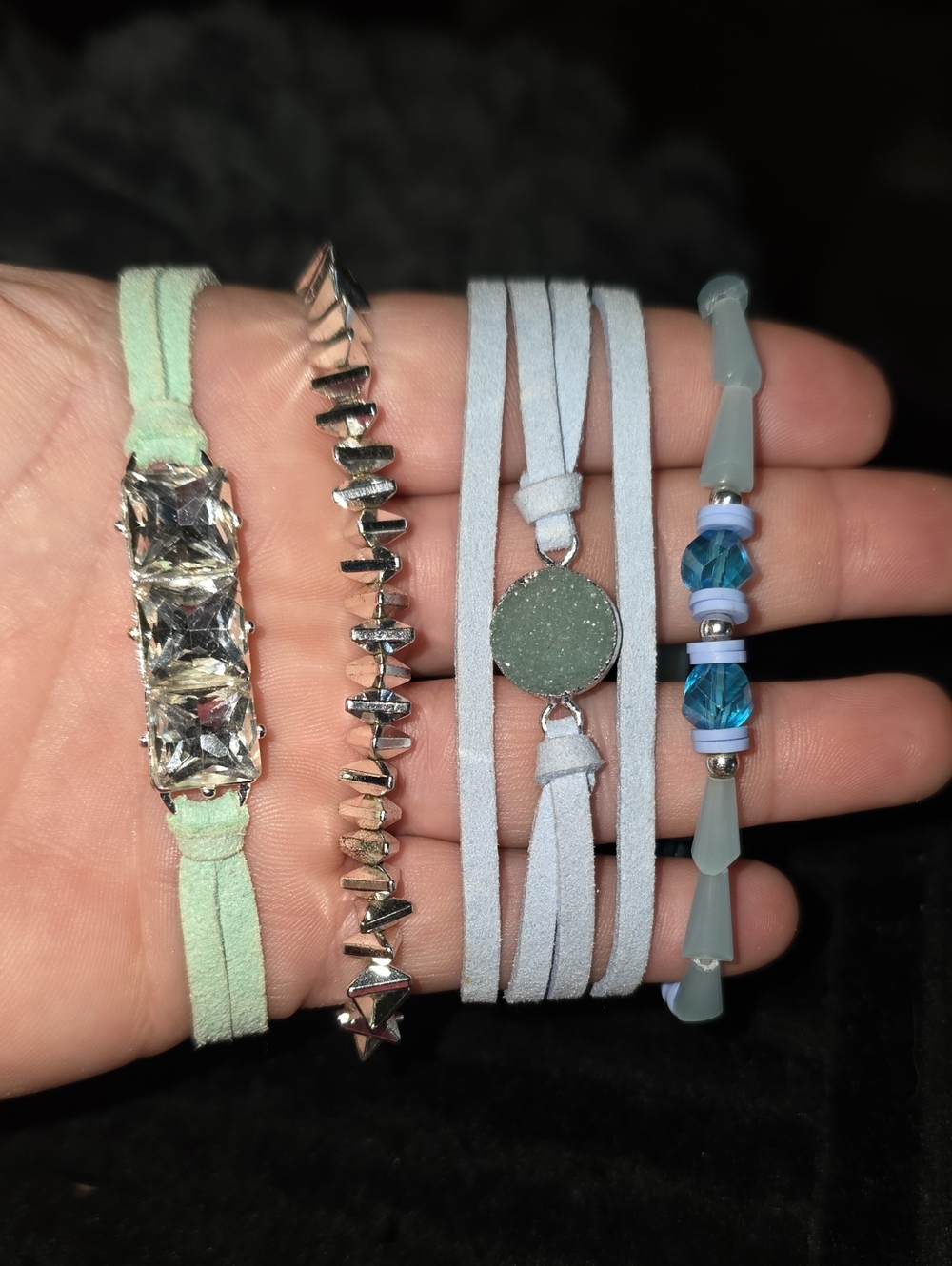 Women’s Multi-Strand Crystal & Suede Bracelet Set in Mint and Light Blue
